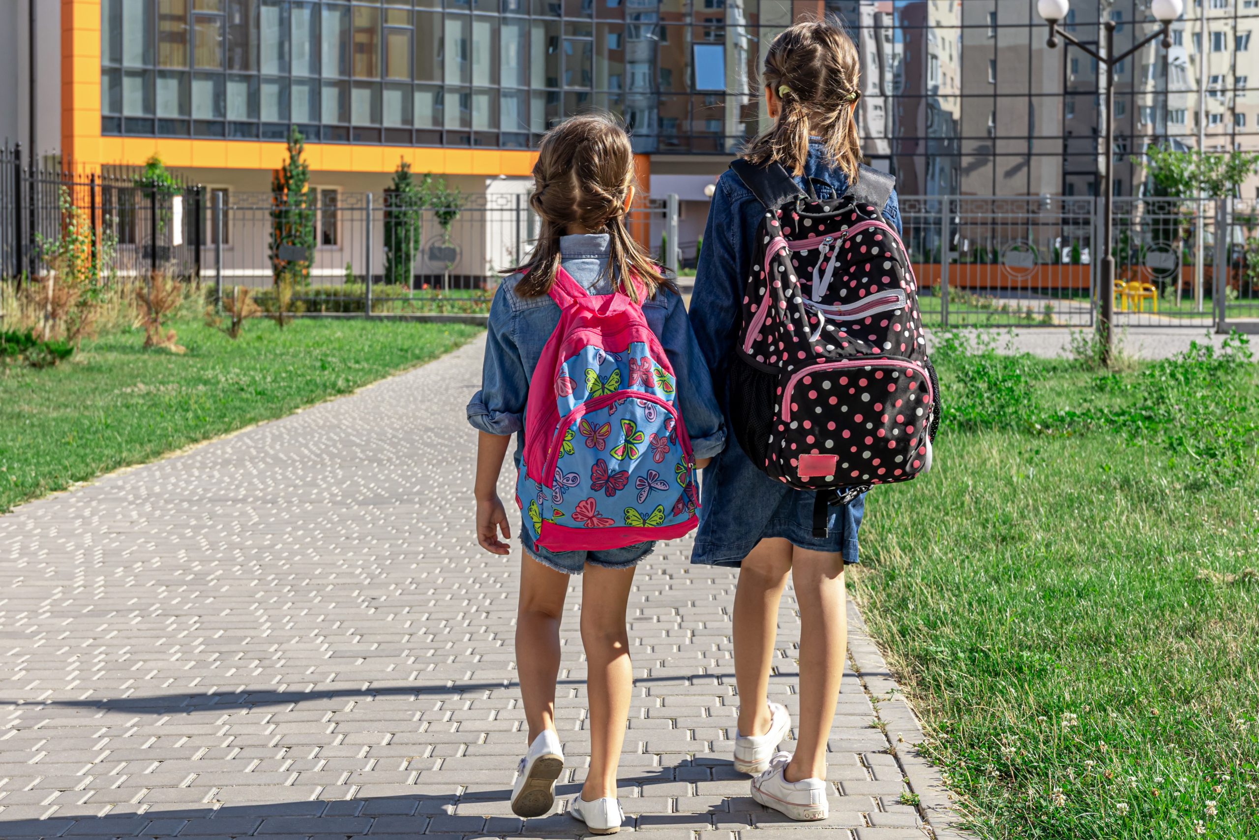 Двое учениц широкая авеню быстрое. Две девочки идут в школу. Две девочки в школе. Девочка идет в школу. Дети с рюкзаками около школы.