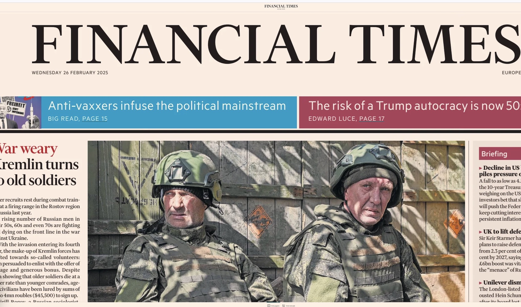 L'accordo tra Usa e Ucraina sui minerali sulla prima pagina del Financial Times